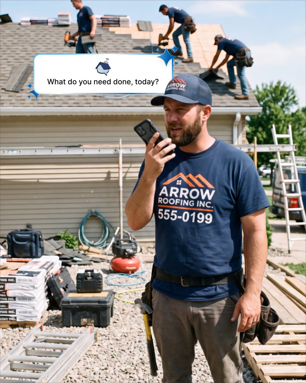 Roofer using voice on his phone to talk to RoofSnap AI while his crew installs shingles