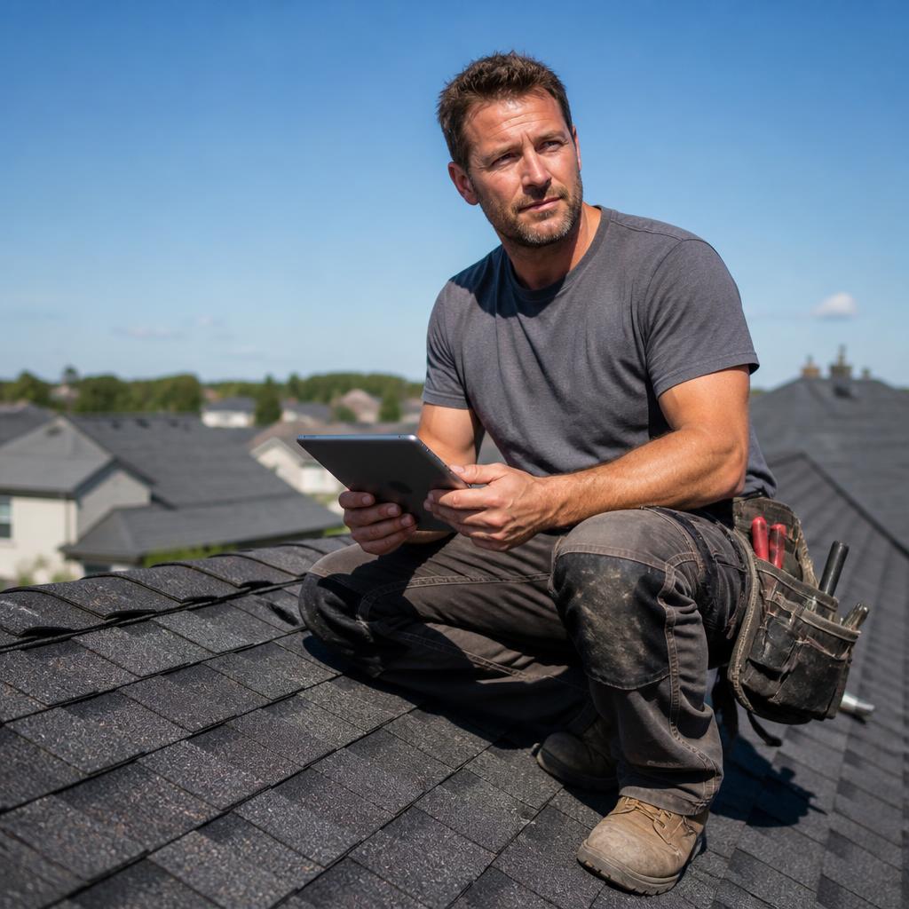Roofer on a shingle roof reviewing a job on a tablet