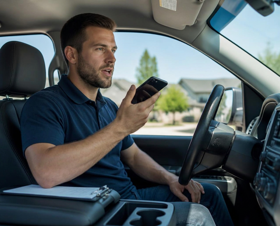 Roofing sales rep in his truck speaking job details into his phone on speaker