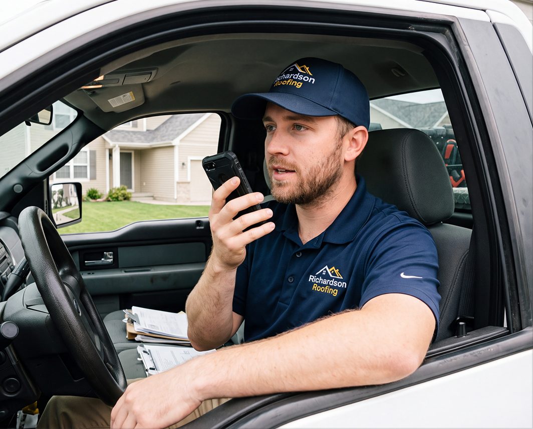 Roofing sales rep in his truck speaking job details into his phone on speaker